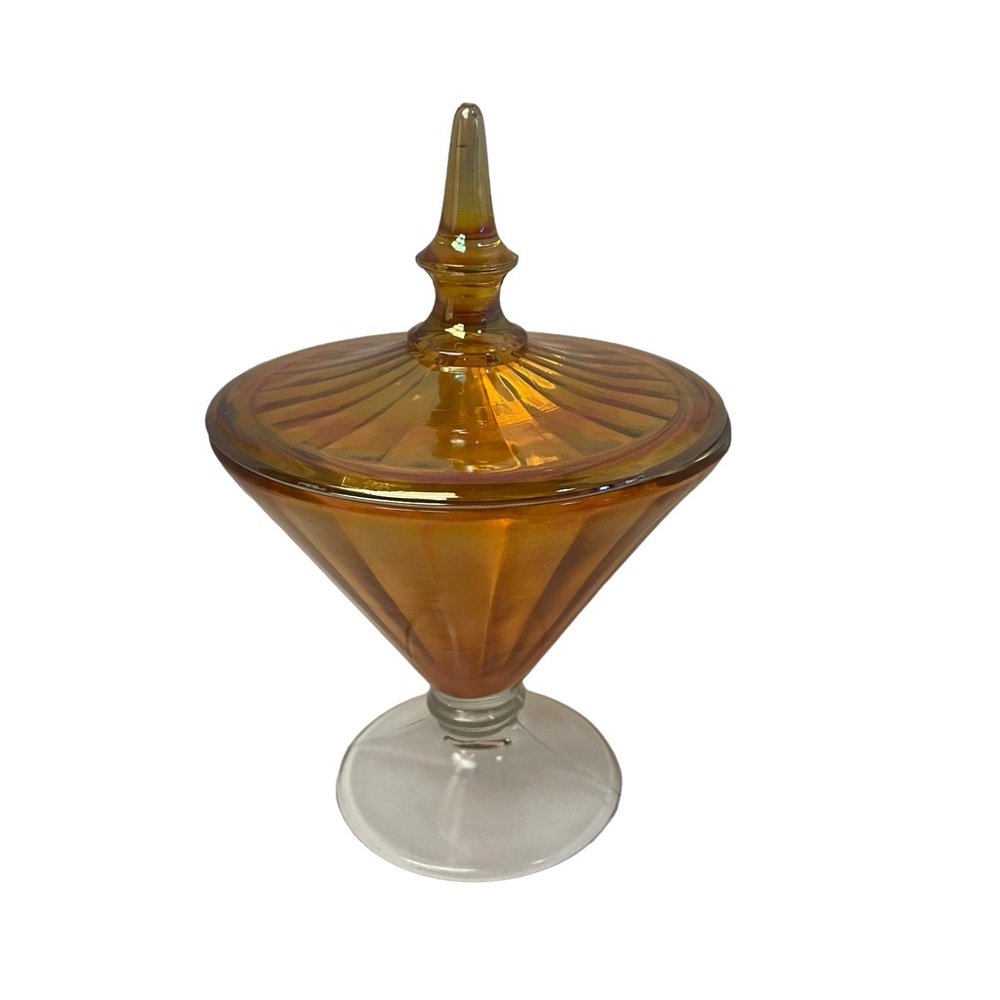 Lancaster Aztec Art Deco Glass Iridescent Orange Footed covered dish Marigold
